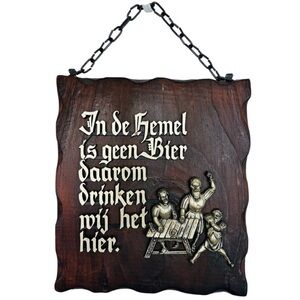 Wooden Wall Plaque with Dutch Inscription & Carved Figures